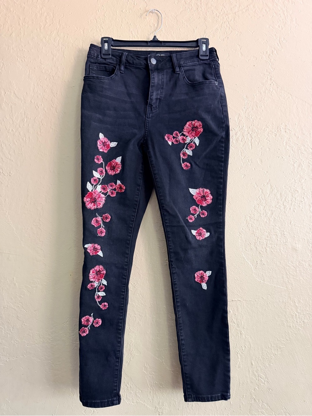 Fashion Nova Black Skinny Jeans with Pink Floral Embroidery Accents